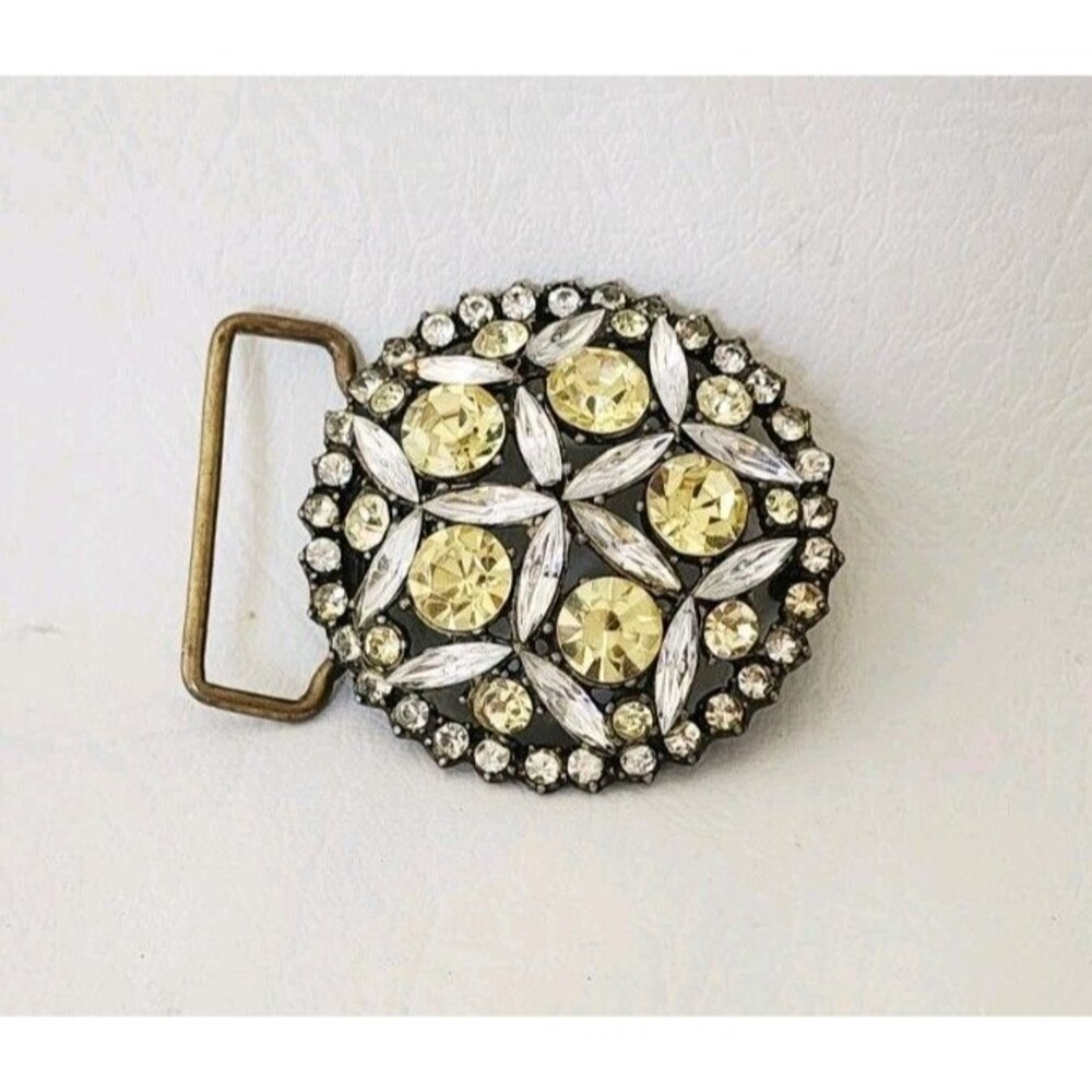 Vintage Y2K Yellow Clear Rhinestone Floral Round Buckle
